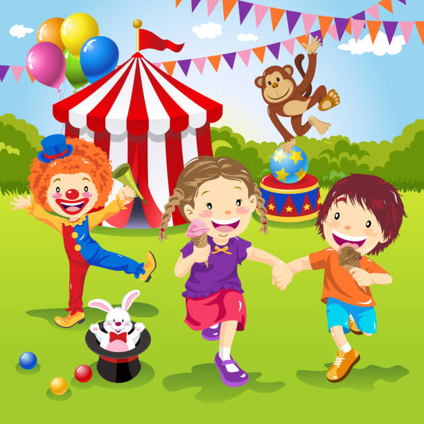 illustrations, cliparts, dessins animés et icônes de enfants de profiter des spectacles de cirque - entertainment clown child circus