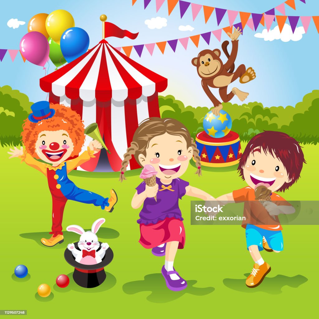Kids Enjoying Circus Entertainment Kids enjoying circus entertainment with performer, clown, acrobat and animals. Child stock vector