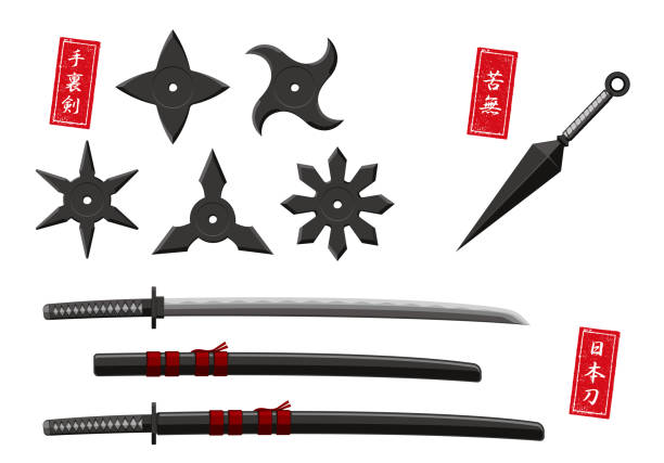japoński ninja / samuraj broni zestaw ilustracji. shuriken,kunai,japoński miecz (katana). - battle dress stock illustrations