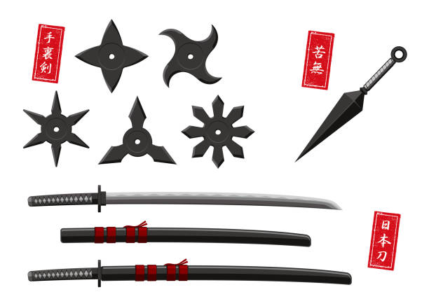 ilustrações, clipart, desenhos animados e ícones de japonês ninja / samurai armas conjunto de ilustração. shuriken, kunai, espada japonesa (katana). - blade war traditional culture japanese culture