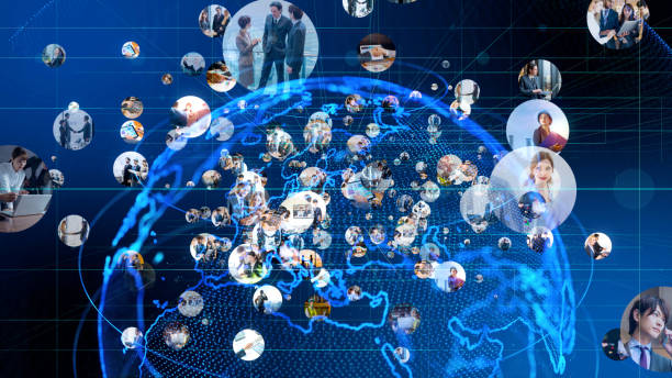 global communication network concept. - business people globe global communications imagens e fotografias de stock
