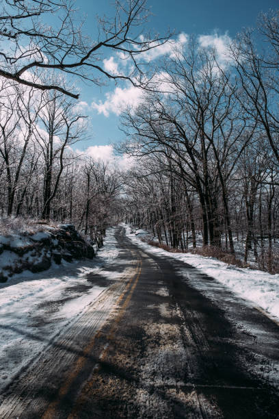 snowy road in harriman state park - new york state - corner marking fotos imagens e fotografias de stock