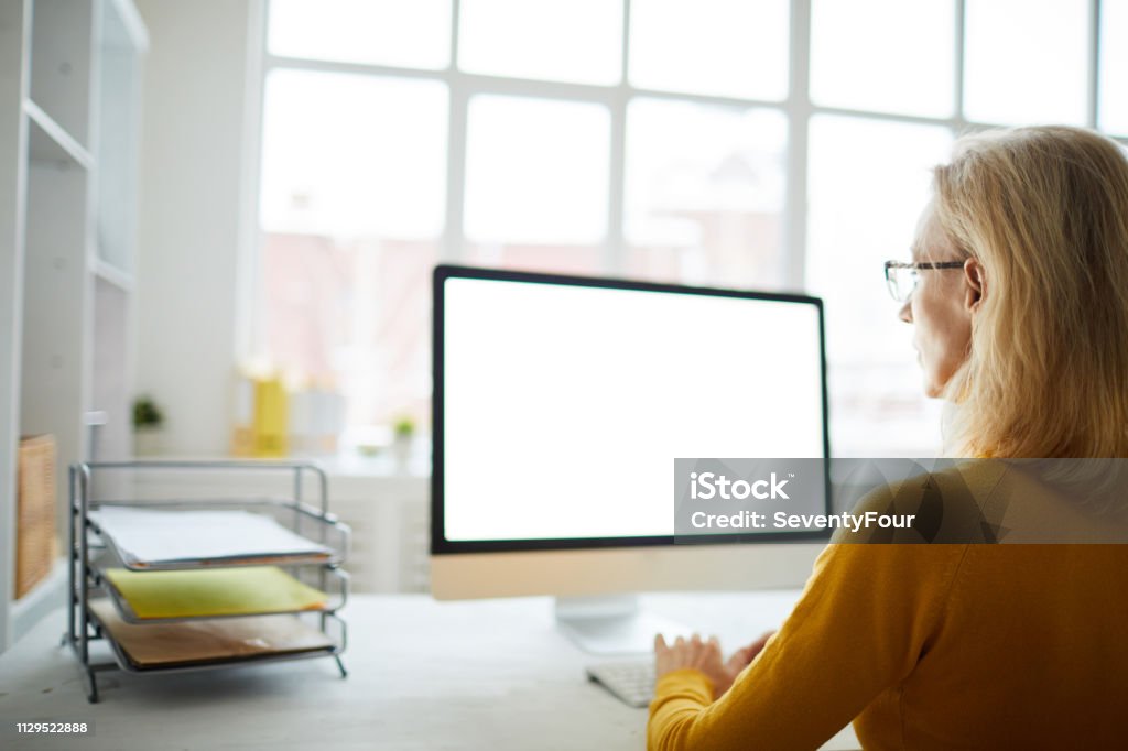 Businesswoman Looking at Blank Screen Back view portrait of unrecognizable businesswoman using computer sitting at desk in office, copy space Computer Monitor Stock Photo