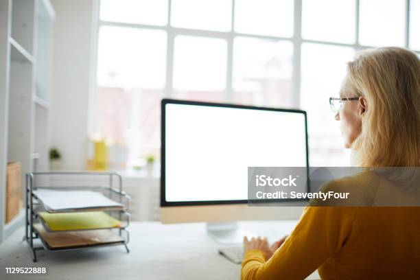 Businesswoman Looking At Blank Screen Stock Photo - Download Image Now - Computer Monitor, Computer, Women