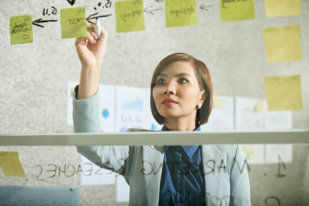 istock Businesswoman drawing sequence of steps 1129527807