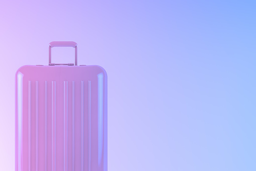 Minimal travel concept, suitcase with neon gradient colors, summer season, futuristic.