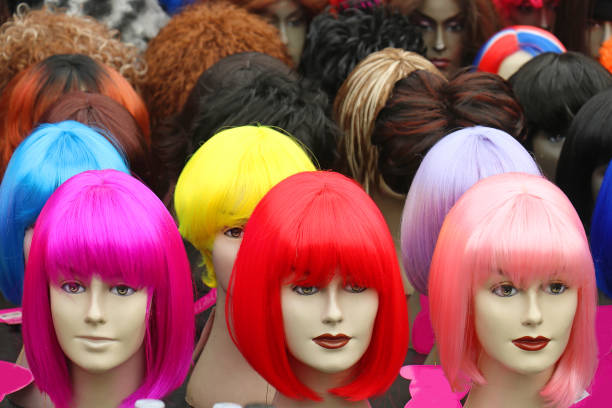 Mannequin heads with fake colorful hair female wigs sold on market
