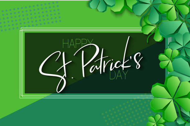 istock Vector illustration of saint patricks day greetings banner template with hand lettering label - happy st. patrick's day- with paper origami clover leaves 1129538203
