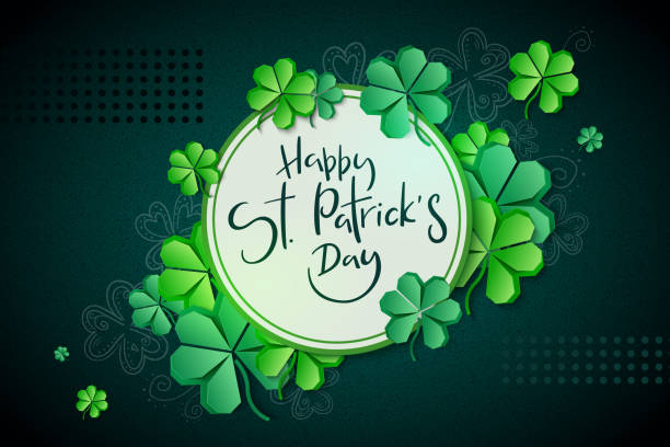istock Vector illustration of saint patricks day greetings banner template with hand lettering label - happy st. patrick's day- with paper origami clover leaves 1129538238