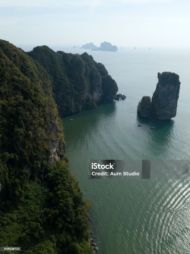 Aerial view of Aonang beach, Railay beach, Nopparat tara beach in Krabi province, Thailand. Aerial photo of Ao Nang coastline in Krabi, Thailand. Beautiful green limestone rocks and resort sand beach. Andaman Sea Stock Photo