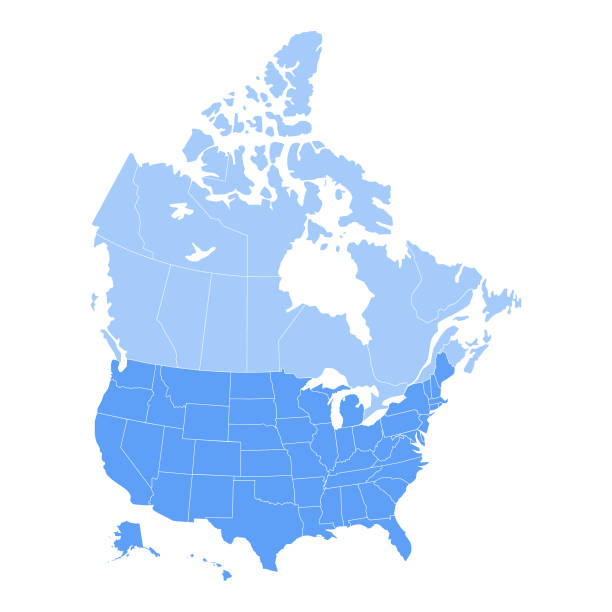 Vector illustration of the map of the United States of America and Canada in blue color and white outline.