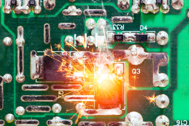 electricity circuit short burn out overheat chip on the pcb. - electricity fire circuit board short imagens e fotografias de stock