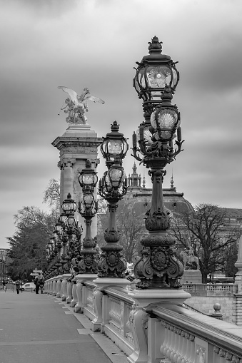 Moody cityscape with Pont Alexandre III bridge and Seine river and Eiffel Tower in Paris, France in black and white treatment