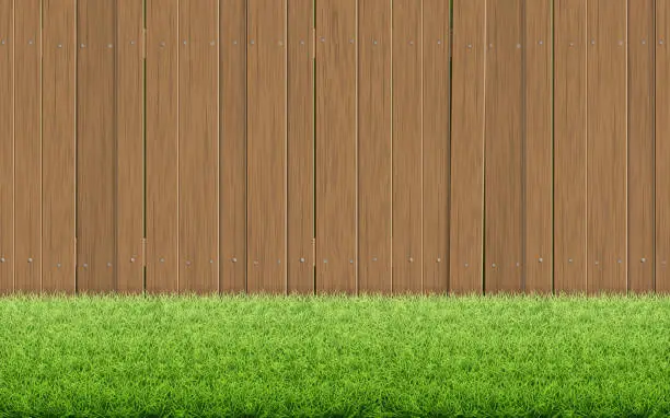 Vector illustration of Grass lawn and brown wooden fence.