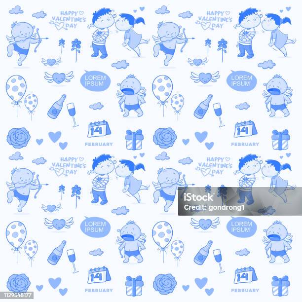 Doodle Pattern Happy Valentines Day Stock Illustration - Download Image Now - Adult, Balloon, Book