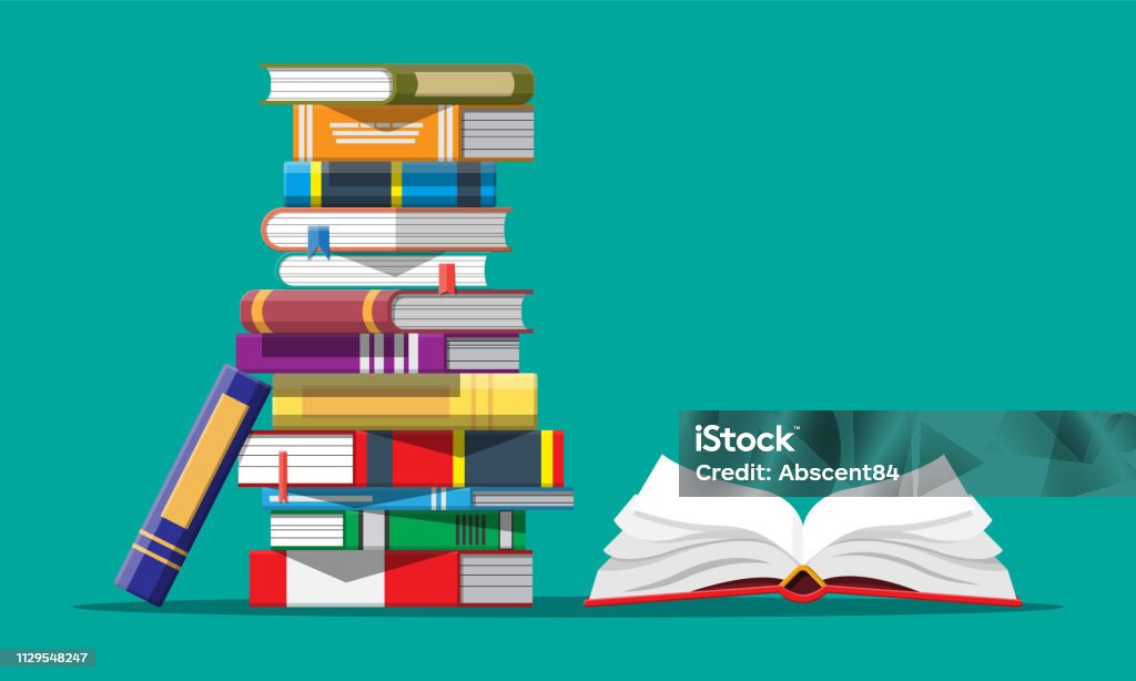 Open book with an upside down pages Open book with an upside down pages and pile of books. Reading, education, e-book, literature, encyclopedia. Vector illustration in flat style Book stock vector