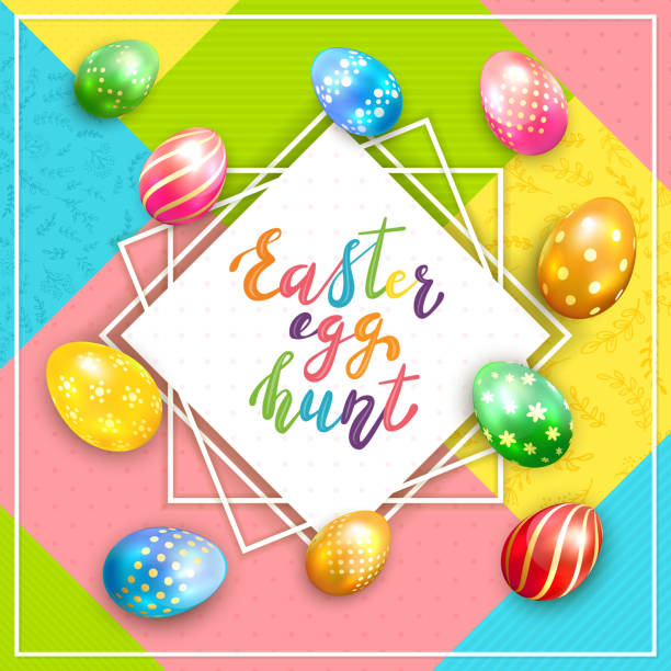 kartka wielkanocna na kolorowym tle z malowanymi jajami - easter egg easter egg hunt multi colored bright stock illustrations