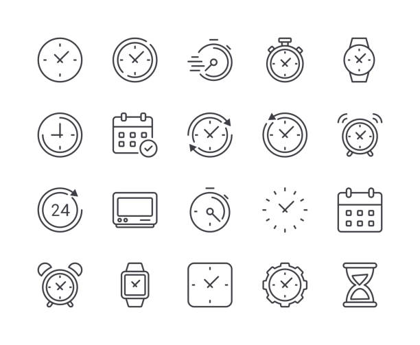 ilustraciones, imágenes clip art, dibujos animados e iconos de stock de simple conjunto de icono de línea de reloj y tiempo. movimiento editable - stopwatch symbol computer icon watch