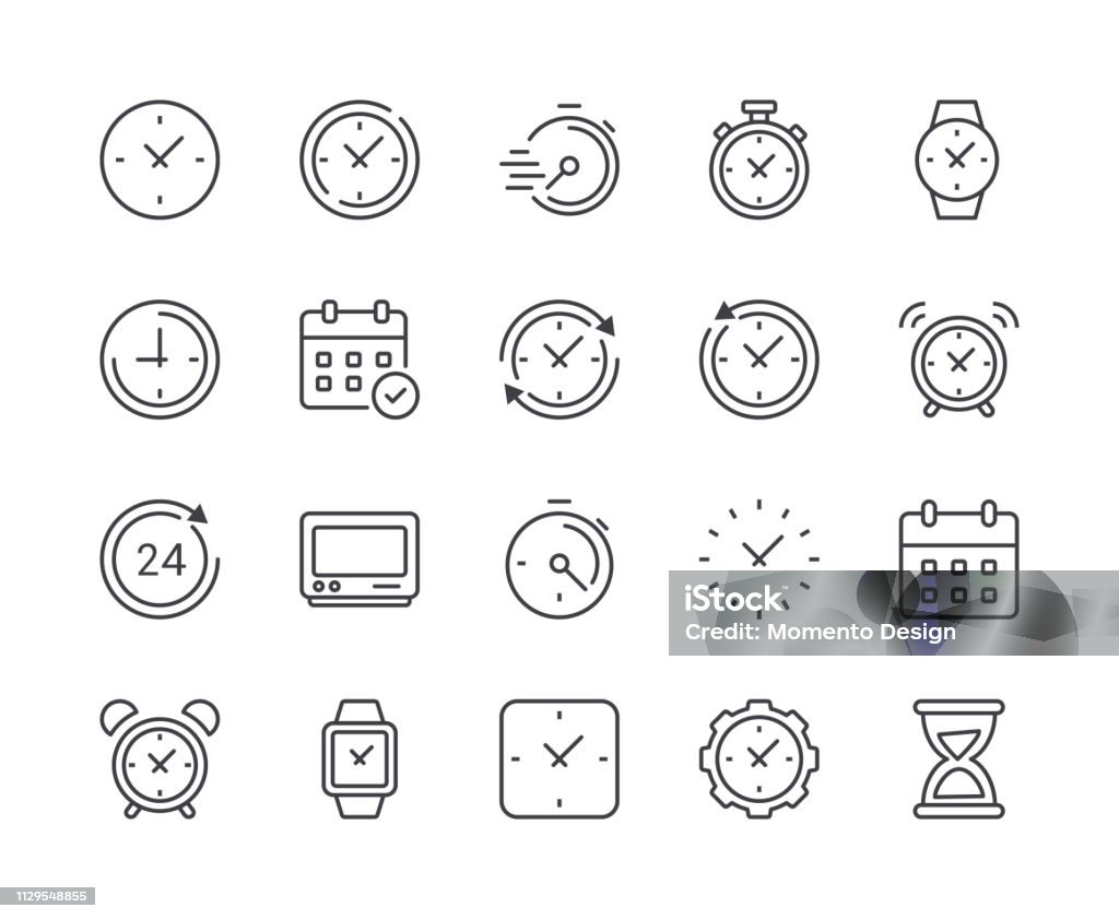 Saat ve saat satırı simgesi basit kümesi. Düzenlenebilir kontur - Royalty-free Simge Vector Art
