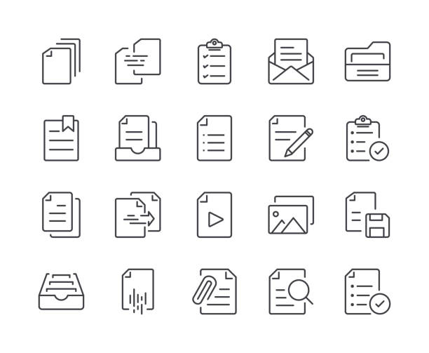 ilustraciones, imágenes clip art, dibujos animados e iconos de stock de simple conjunto de icono de línea del documento. movimiento editable - checklist clipboard organization document