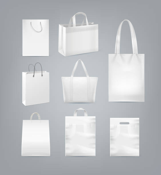 wektorowy zestaw toreb na zakupy z uchwytem wykonanym z białego papieru, plastiku i płótna izolowanego na tle - shopping bag white isolated blank stock illustrations