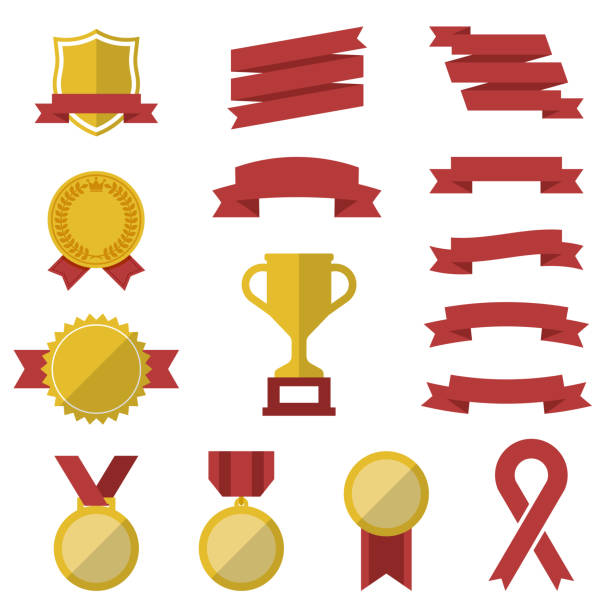 ilustrações, clipart, desenhos animados e ícones de conjunto de prêmios e ícones de vitória - vector plana troféu vencedor símbolos ou logotipos - trophy award vector silver