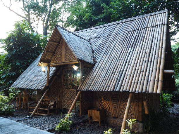 Landmark in Tangerang city Tangerang, Indonesia - October 19, 2018: A traditional bamboo hut at Taman Bambu (Bamboo Park). tangerang photos stock pictures, royalty-free photos & images