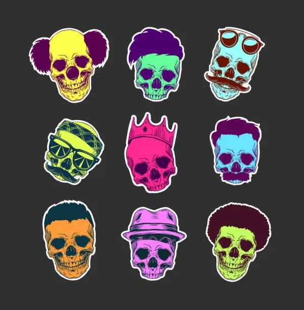 Vector illustration of Vector set of skulls with haircut and mustache in crown, hat, sunglasses, sticker pack isolated on background