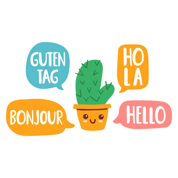 Cactus speak in different languages. Vector illustration on white background. Bilingual translation concept. french language learn stock illustrations