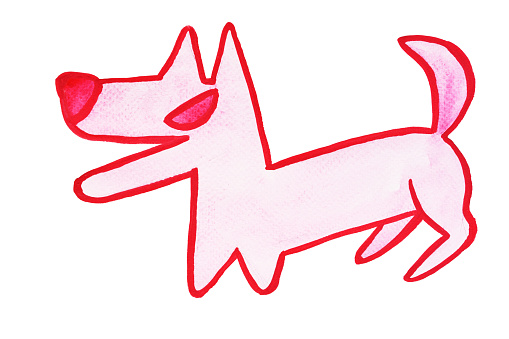 The pink dog is standing and barking in a ferocious manner on white background, Beware of pet attack, Rabies surveillance, Illustration watercolor hand draw on paper