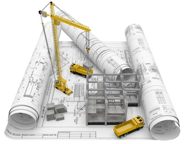 istock Rolls architectural drawings with construction equipment and new building on a white background.  Composition in 3D. 1129562569