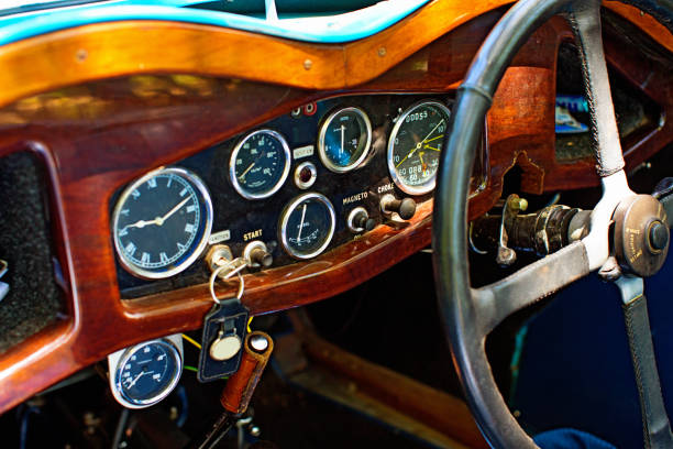 istock Dashboard of a vintage British sports car with multiple dials 1129562580