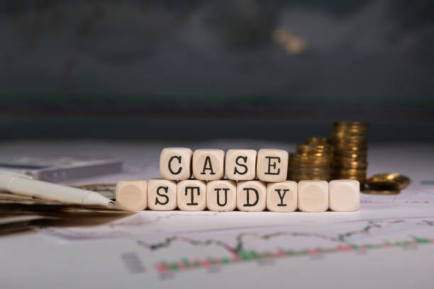 Words CASE STUDY composed of wooden letter. Words CASE STUDY composed of wooden letter. Stacks of coins in the background. Closeup case study stock pictures, royalty-free photos & images