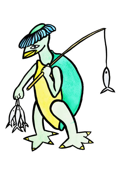 istock Kappa walking and holding a fishing rod and fish 1129566056