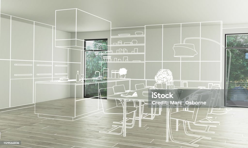 Domestic Kitchen Design (conception) - 3d illustration Plan - Document Stock Photo