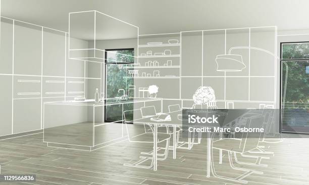 Domestic Kitchen Design 3d Illustration Stock Photo - Download Image Now