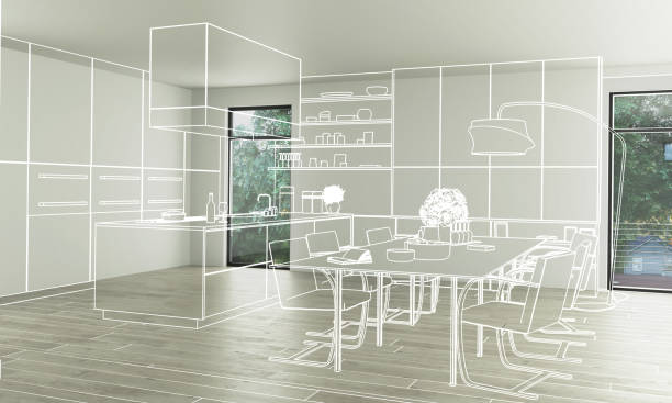 внутренний дизайн кухни (концепция) - 3d иллюстрация - в помещении иллюстрации стоковые фото и изображения