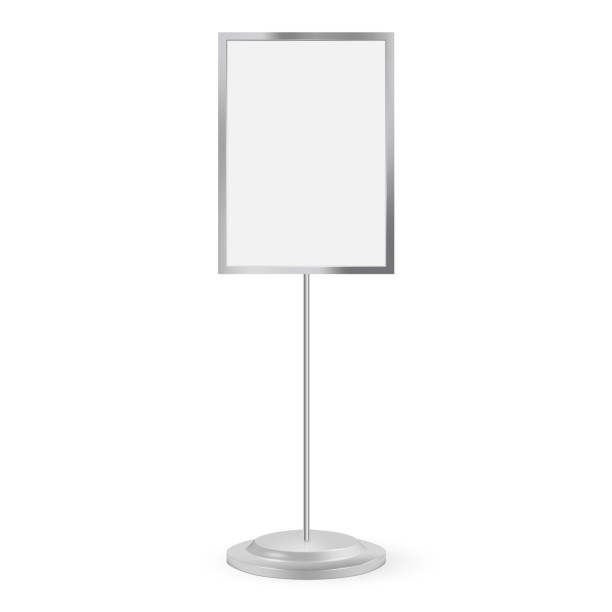 Stand signage with blank screen. Vector illustration. Advertising signage mockup isolated on white background. Stand signage with blank screen. Advertising signage mockup isolated on white background. Blank rectangular advertising with empty copy space. Blank whiteboard with empty copy space. Vector kiosk stock illustrations