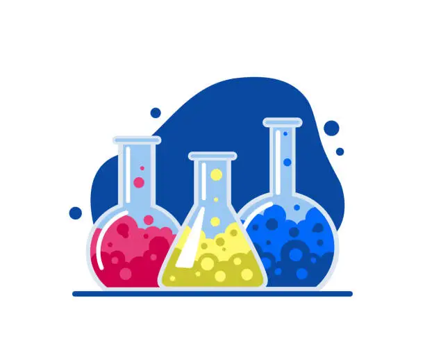 Vector illustration of Glass flasks with multi-colored chemical liquids