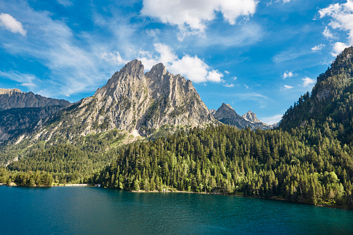 Aigues tortes national park forest landscape. Sant Maurici lake. Spain