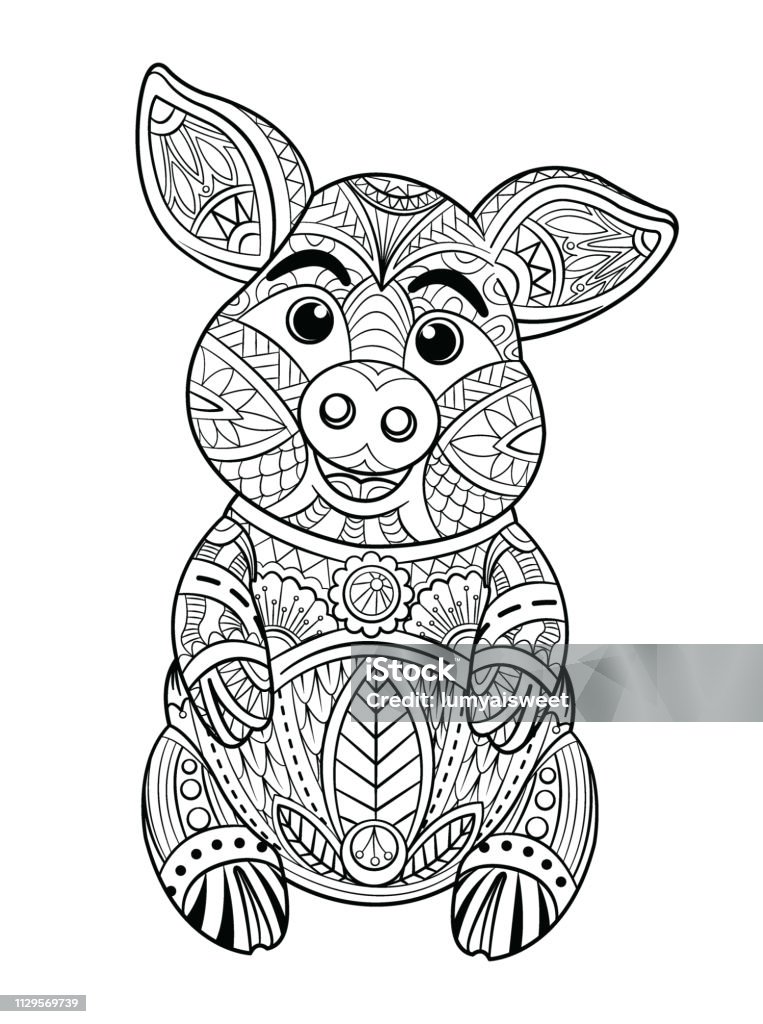 Pig coloring page. Hand drawn vector illustration. Pig coloring page. Hand drawn ornamental art, for adult coloring book for tattoo, poster, print. Vector illustration. Abstract stock vector