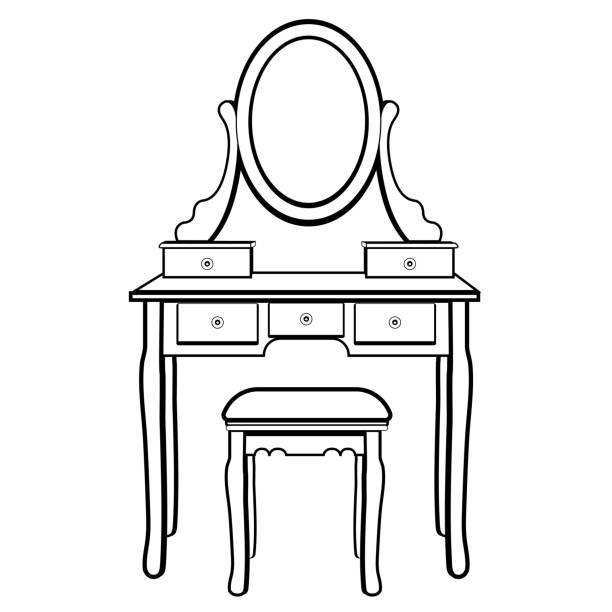 ilustrações de stock, clip art, desenhos animados e ícones de dressing table with mirror, female boudoir for applying makeup, coloring, sketch, contour black and white drawing, vector illustration - symbol computer icon icon set monochrome