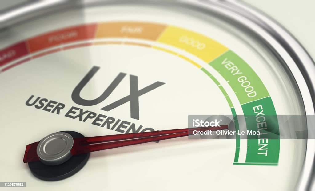 Web Design and Marketing Concept, Measuring UX, User Experience 3D illustration of an user experience gauge with the needle pointing excellent UX. Marketing concept User Experience Stock Photo