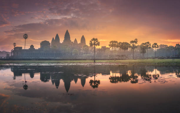 vista all'alba dell'antico complesso del tempio angkor wat siem reap, cambogia - angkor wat buddhism cambodia tourism foto e immagini stock