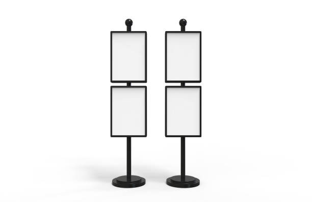 poster stand takes multiple a2, a3, a4, a5 posters on a tall stand, mock up template for retail displays in stores as a shop poster stand, 3d illustration - horizontal chrome clean corporate business imagens e fotografias de stock