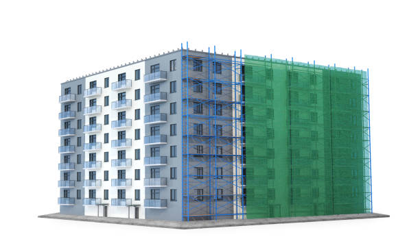 istock Construction of a residential building with forests and a green grid. 3d illustration 1129574321