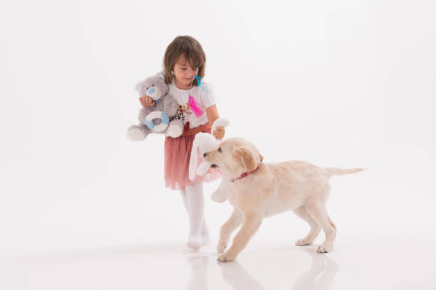Happy girl playing with his dog on a white
