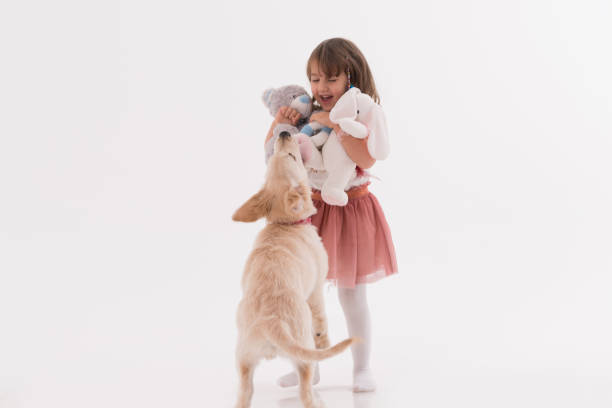 istock Happy girl playing with his dog on a white 1129574915