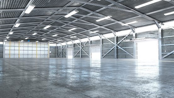 Hangar interior with opened gate. 3d illustration