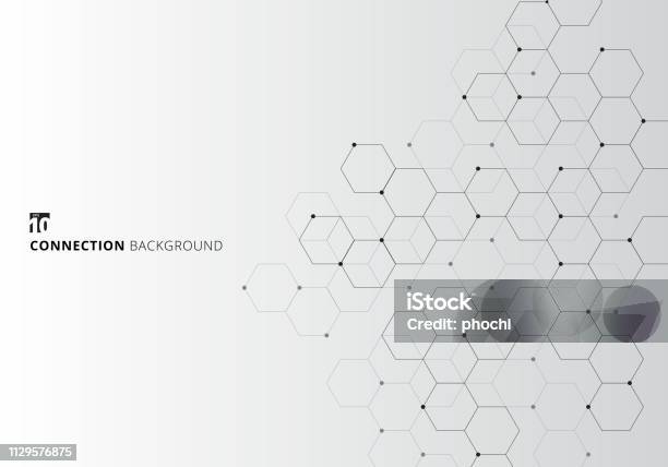 Abstract Hexagons With Nodes Digital Geometric With Black Lines And Dots On White Background Technology Connection Concept - Arte vetorial de stock e mais imagens de Padrão